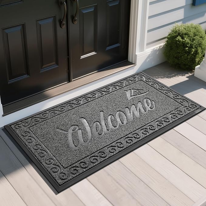 Yimobra Welcome Mat, Heavy Duty Sturdy Door Mats for Home Entrance Outdoor Indoor, Front Doormat for Outside Patio Floor Entry Porch Garage Office, Waterproof, Low Profile, 47 x 24, Black Grey-Ruum Studio Home