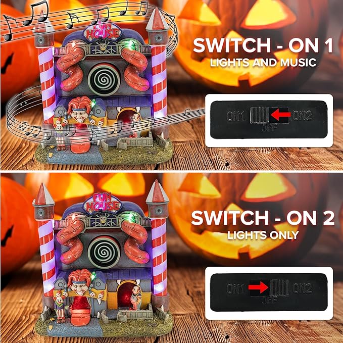 Carnival Funhouse Clown Theme Spooky Halloween Village Multi-Color LED Lights, Motion and Music 9.25" x 5.75" x 9.5"-Ruum Studio Home