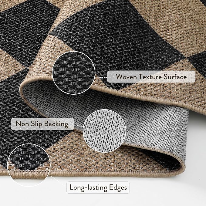 Lahome Checkered Easy Jute Entry Rug, 3x5 Black Outdoor Patio Rug for Living Room Farmhouse Neutral Carpet, Washable Non Slip Indoor Door Mat Diamond Carpet for Front Door Deck Camping-Ruum Studio Home
