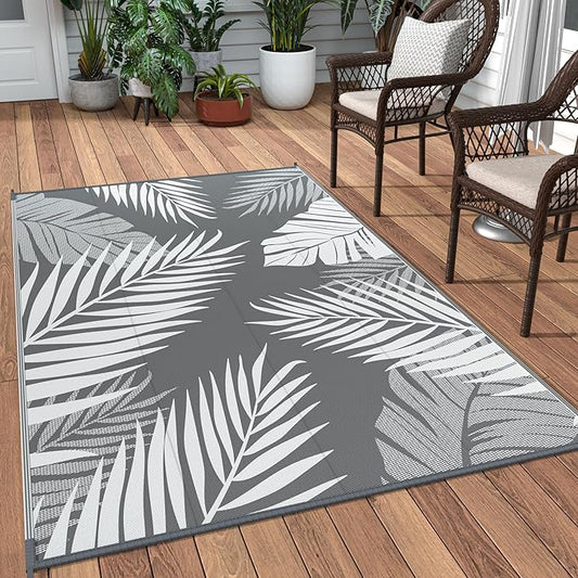 GENIMO Outdoor Rug 3' x 5' Waterproof for Patios Clearance, Reversible Outdoor Plastic Straw Camping Rug Carpet, Large Area Rugs Mats for RV, Camper, Deck, Balcony, Porch, Beach, Picnic, Grey&White-Ruum Studio Home