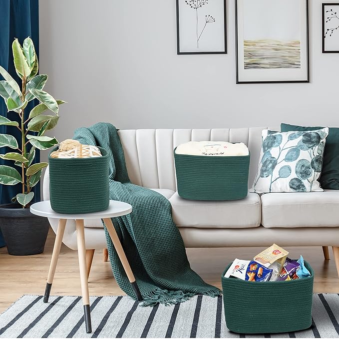 Cotton Rope storage Basket Bins14.5X9.5X9.3“ Basket for Organizing Shelves Rectangle Decorative Baskets For storage Clothes Toys Books Towels Square Wicker Nursery basket organizer 3 pack Dark green-Ruum Studio Home