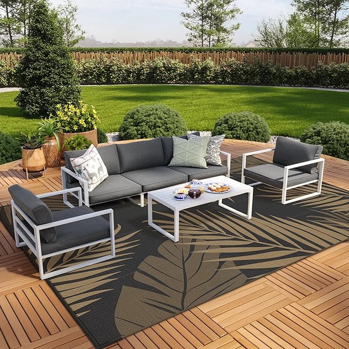 GENIMO Outdoor Rug 10' x 14' Waterproof for Patios Clearance, Reversible Outdoor Plastic Straw Camping Rug Carpet, Large Area Rugs Mats for RV, Camper, Deck, Balcony, Porch, Beach, Picnic, Black&Brown-Ruum Studio Home