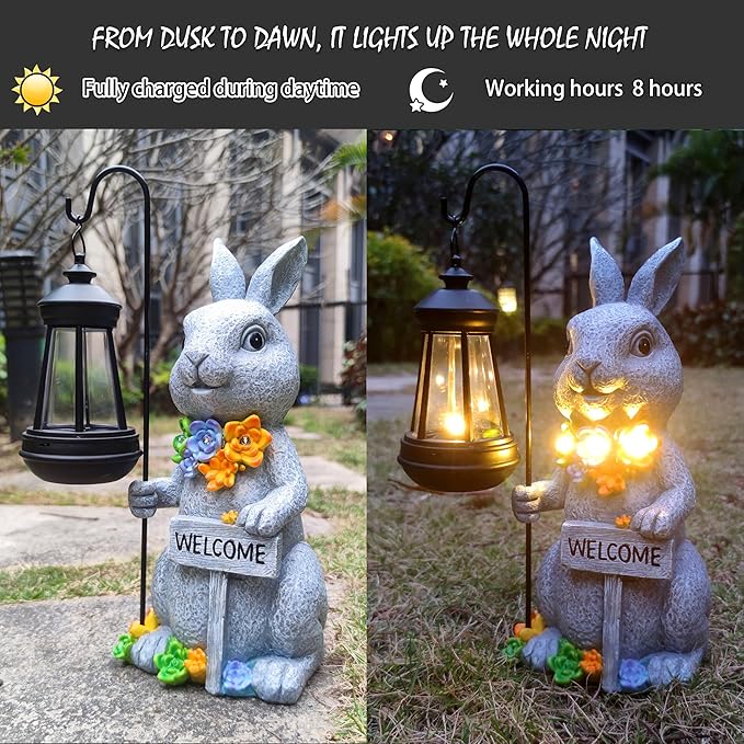 Rabbit Solar Lights Lantern Garden Statues with Succulent and 4 LED Lights - Outdoor Bunny Welcome Figurines Decorations for Patio Yard Lawn Ornaments Gifts for Birthday Easter Housewarming-Ruum Studio Home