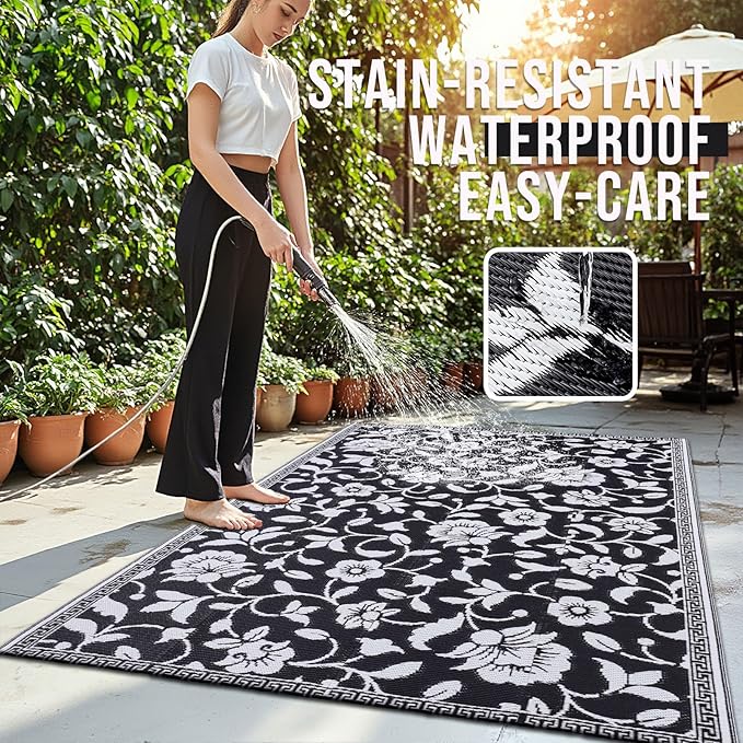 OLANLY Waterproof Outdoor Rug 5x8 ft, Outdoor Plastic Straw Rug with Flower Pattern, Reversible RV Mat for Patio, Camping, Balcony, Deck, Backyard, Black & White-Ruum Studio Home