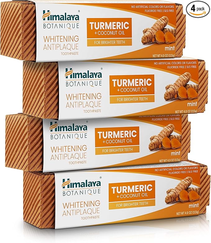 Himalaya Botanique Turmeric & Coconut Oil Whitening Antiplaque Herbal Toothpaste, Whitens Teeth, Fluoride Free, No Artificial Flavors, SLS Free, Vegan, Cruelty Free, Foaming, Mint Flavor, 4 Oz, 4 Pack-Ruum Studio Home