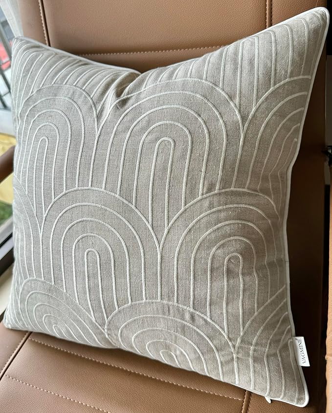 VAGMINE Embroidered Geometric Throw Pillow Cover - 18x18 Inches Square - 100% Linen Natural Decorative Cushion Cover - Elegant Embroidery - Minimalist Accent for Sofa, Bed, Couch, Farmhouse Décor-Ruum Studio Home