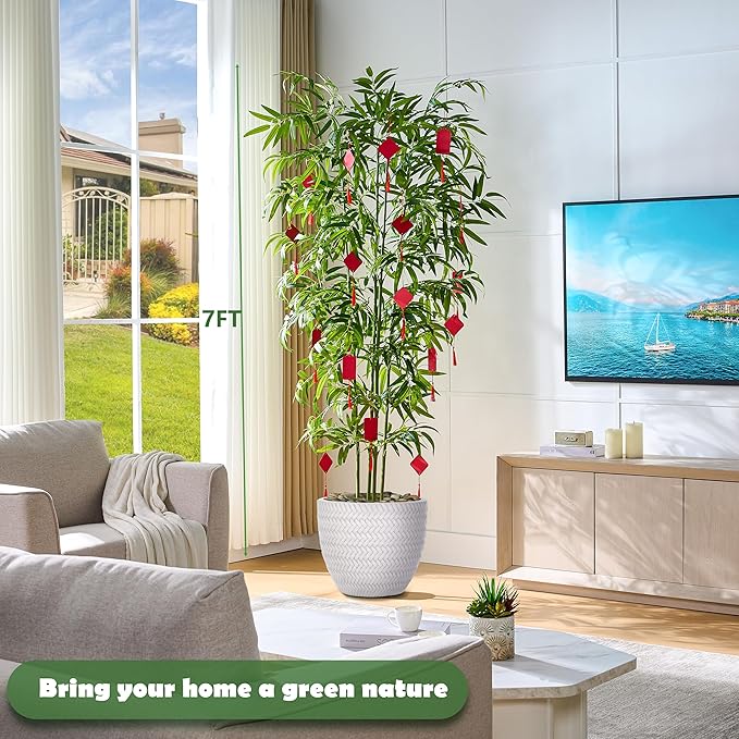 Artificial Tree Fake Plants, Artificial Bamboo Tree 7FT Tall in White Potted, Artificial Tree Indoor Decor Bamboo Silk Tree with Natural Wood Trunk, for Home Office Living Room Modern-Ruum Studio Home