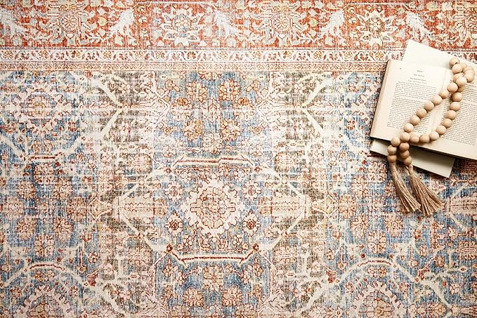 Loloi Layla Collection LAY-04 Ocean/Rust 2'-6" x 9'-6" .13" Thick Runner Rug, Soft, Durable, Vintage Inspired, Distressed, Low Pile, Non-Shedding, Easy Clean, Printed, Living Room Rug-Ruum Studio Home