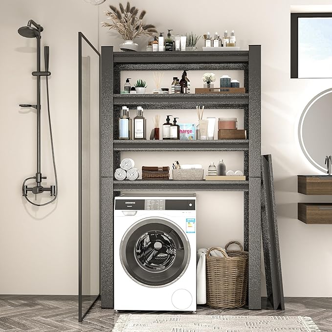 Over Washer and Dryer Storage Shelves,5 Tiers Laundry Room Standing Shelf,Adjustable Metal Shelving Unit,Space Saving Shelf, 63" H x 31.5" W x 15.7" D, Black-Ruum Studio Home