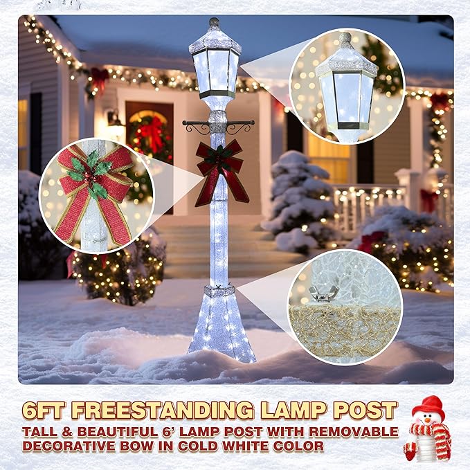 6FT Lighted Freestanding Lamp Post for Christmas Decoration, Pre-Lit Iridescent Post Lamp with 120 LED Lights & Removable Bow, Outdoor 3D Glittered Standing Festival Display, White-Ruum Studio Home