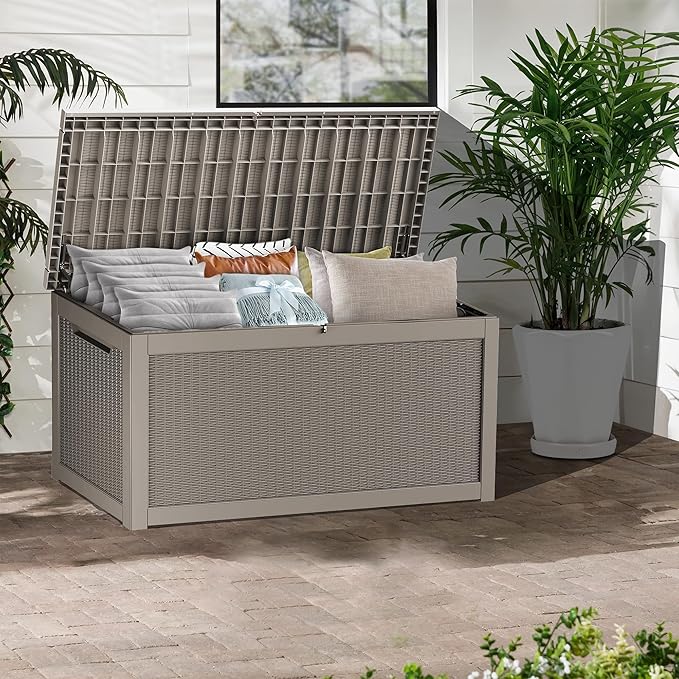 320 Gallon Lockable Resin Deck Box, Waterproof & UV-Resistant Outdoor Storage Box for Outdoor Cushion Storage, Garden Tools & Pool Accessories Storage, Gray-Ruum Studio Home