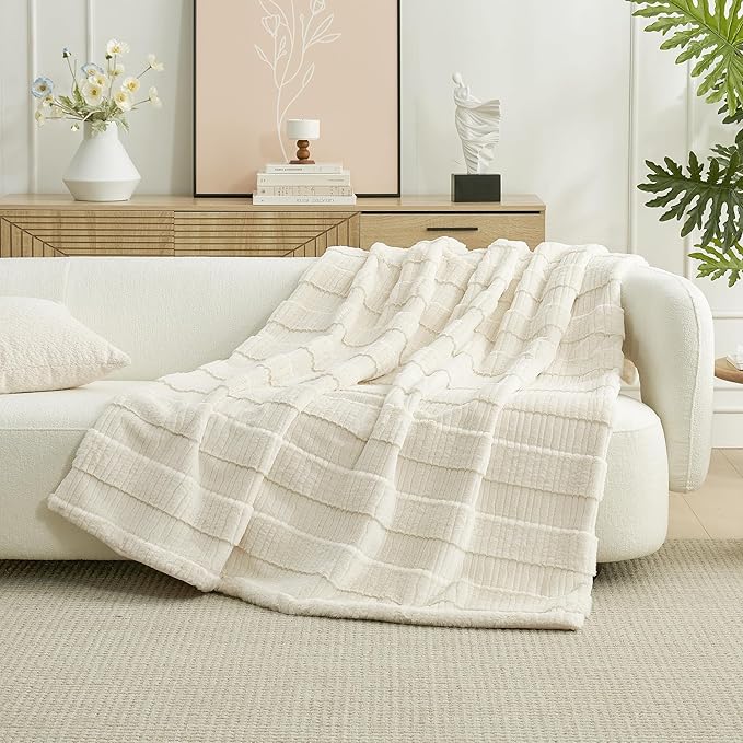 Amélie Home Luxury Striped Faux Fur Throw Blanket for Couch, Embossed Split Fur Cozy Fuzzy Fluffy Luxurious Soft Plush Sofa Chair Bed Gift Blankets for Women Men Wife Friend, 88"x90", Ivory-Ruum Studio Home