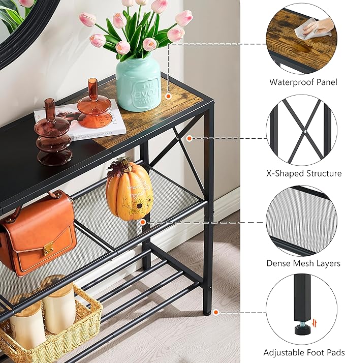 Hoctieon Industrial Console Table, 3 Tier Entryway Table, Hallway Table, Narrow Sofa Table with Shelves, Entrance Table for Entryway, Rustic Brown&Black-Ruum Studio Home