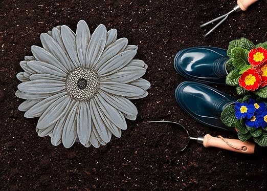 NAT & Jules Gerbera Daisy Flower Shaped Dimensional Indoor Outdoor 12 inch Cast Resin Decorative Garden Stepping Stone, Patio, Walkway Sculpture Yard Art, Stone Grey-Ruum Studio Home