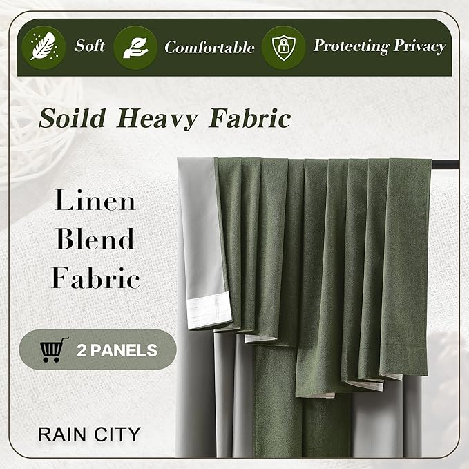 RAIN CITY Dark Olive Green Blackout Curtains Linen 80 Inches Long 2 Panels Set, Back Tab Pleated Look Thermal Insulated Curtains & Drapes for Living Room - Loden/Olive Forest W50 x L80-Ruum Studio Home