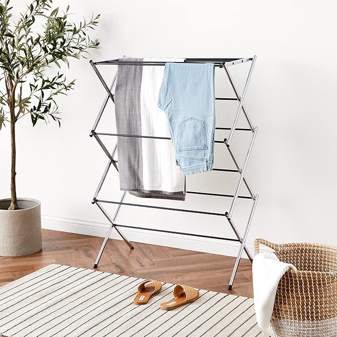 Amazon Basics Foldable Portable Laundry Drying Rack for Indoor Air Drying Clothing, 14.5 x 29.5 x 41.8 inches (LxWxH), Chrome Silver-Ruum Studio Home