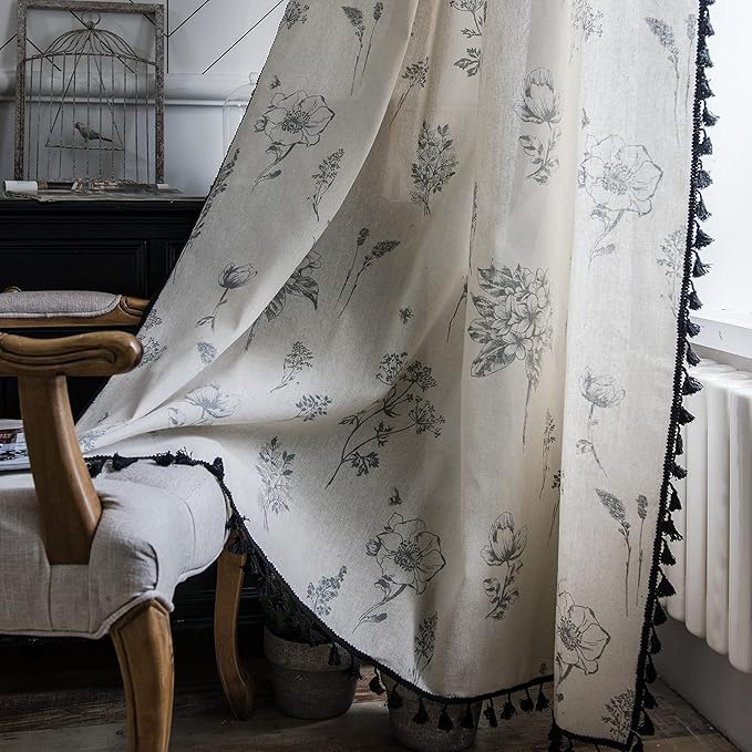 Sutuo Home Boho Curtain with Handmade Tassels, Rod Pocket Window Treatment Vintage Rustic Bohemian French Farmhouse Semi-Blackout Print Drape for Bedroom, 1 Panel 59" W x 84" L,Grey Floral-Ruum Studio Home