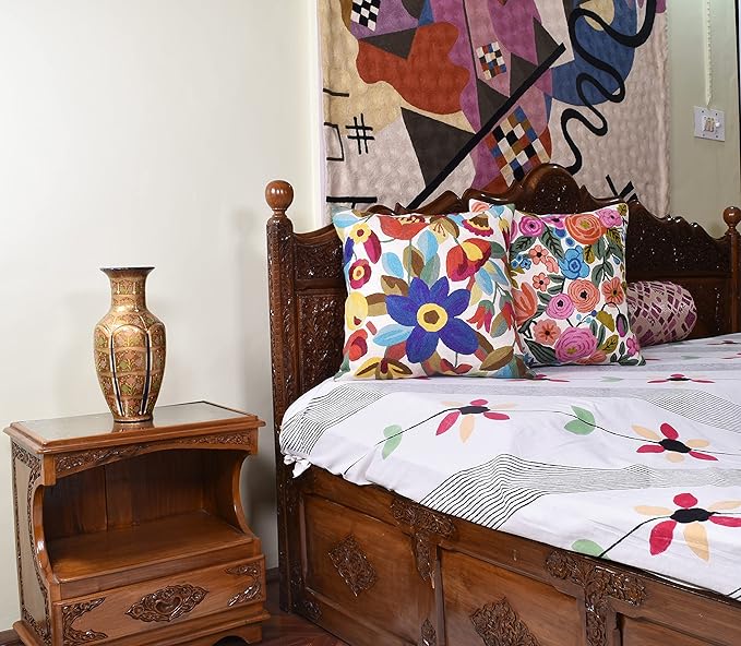 Cream Floral Pillow Cover Blue Flower Pillowcase Boho Cushion Florals Accent Throw Pillowsham Wool Hand Embroidered Size 18x18-Ruum Studio Home