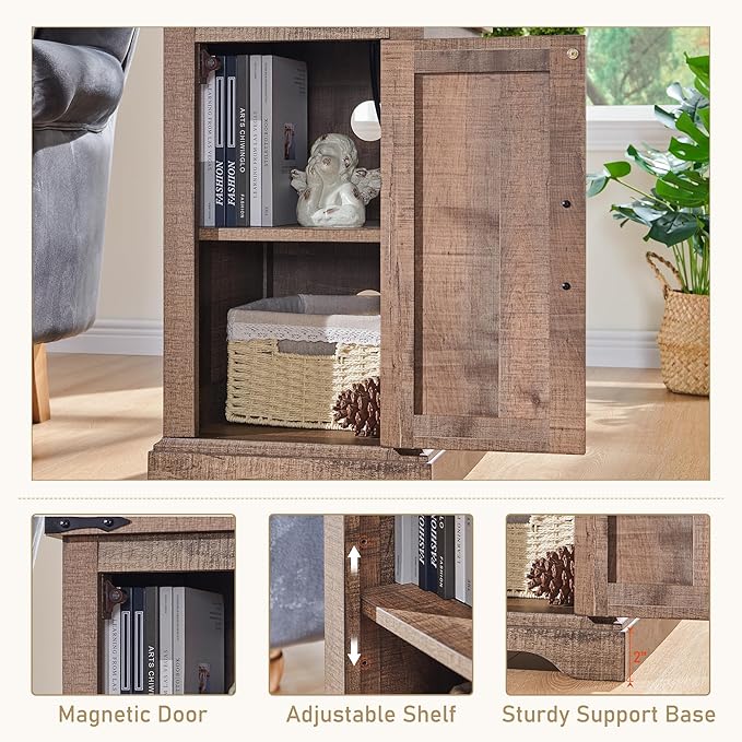 JXQTLINGMU Nightstand with Charging Station, Rectangular Farmhouse End Table with Barn Door and Adjustable Storage Shelf, 17" Deep Wood Rustic Sofa Side Table for Living Room, Bedroom, Light Brown-Ruum Studio Home