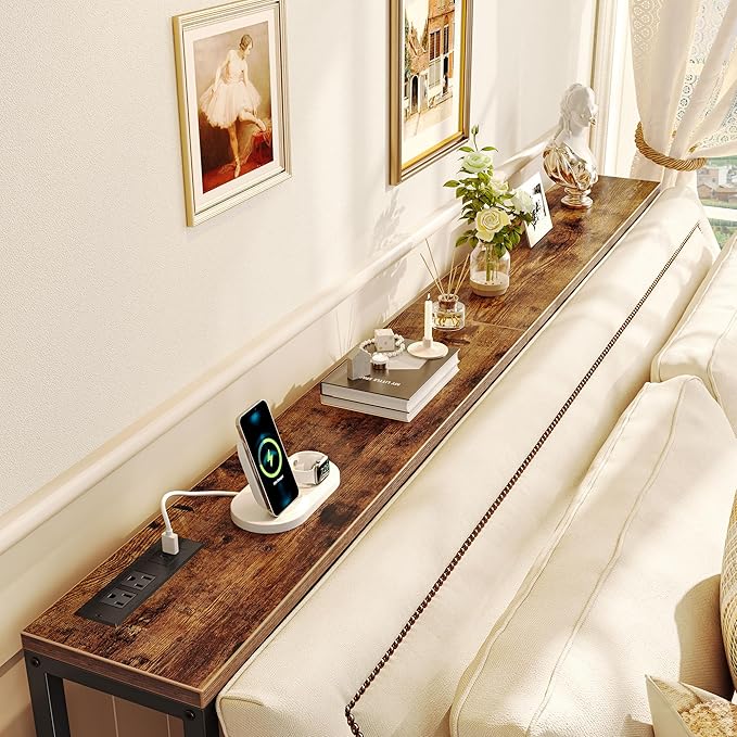 SUPERJARE 70 Inch Console Table with Outlet, Sofa Table with Charging Station, Narrow Entryway Table, Skinny Hallway Table, for Living Room, Rustic Brown-Ruum Studio Home