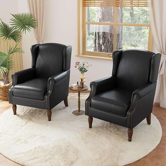 Accent Chairs, Faux Leather High Back Armchair Set of 2 or Living Room, Comfy Upholstered Single Sofa Reading Chairs with Solid Wood Legs for Office, Bedroom, Waiting Room-Black-Ruum Studio Home