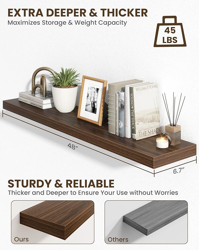 Marsmiles 48" Floating Shelves for Wall, Wooden Shelves with Invisible Brackets Set of 2, Rustic Farmhouse Wall Mounted Shelf for Kitchen Bathroom Living Room Study, Walnut-Ruum Studio Home