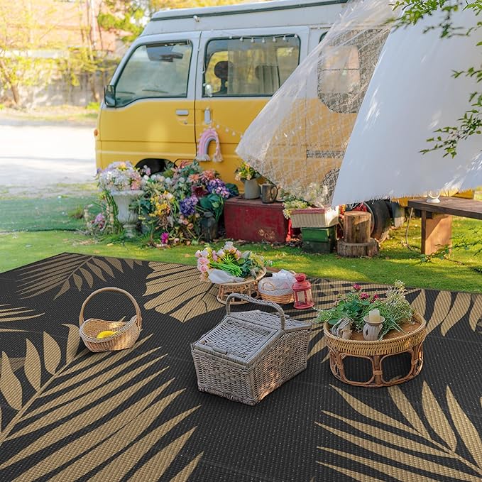 GENIMO Outdoor Rug 9' x 18' Waterproof for Patios Clearance, Reversible Outdoor Plastic Straw Camping Rug Carpet, Large Area Rugs Mats for RV, Camper, Deck, Balcony, Porch, Beach, Picnic, Black&Brown-Ruum Studio Home