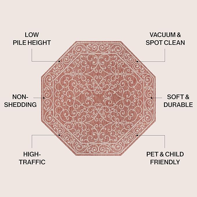 JONATHAN Y Vintage Filigree Indoor Outdoor Octagon Area Rug 5 Ft Red/Beige, Charleston Textured Weave for Backyard, Patio, Porch, Easy-Cleaning, High Traffic, Pet-Friendly, Non-Shedding SMB106B-5TGN-Ruum Studio Home