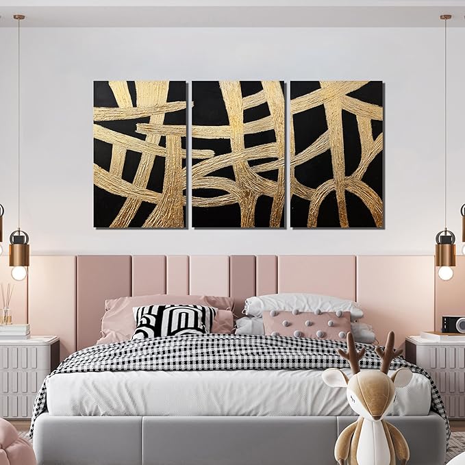 Canvas Wall Art Decor Large Wall Art Pictures for Living Room Black And Gold Wall Art Decor Artwork for Walls Abstract Textured Wall Art Prints Art Work For Room Office Home Wall Decor 24" X 36" *3pcs-Ruum Studio Home