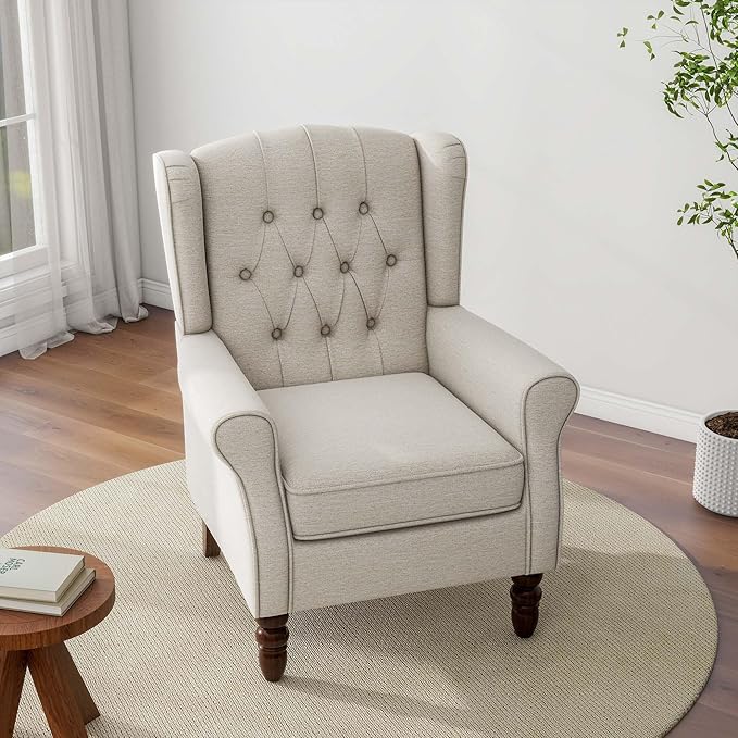 Accent Chair, Upholstered Armchair with Button Tufted High Back & Solid Wood Legs, Comfy Wingback Reading Single Sofa Chair for Small Spaces, Living Room, Bedroom (Beige, Set of 1)-Ruum Studio Home