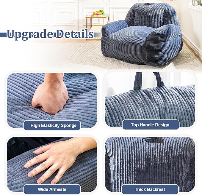 Giant Bean Bag Chair, Faux Fur Bean Bag Chair for Adults, Fluffy and Comfy Bean Bags with Filler, Big Bean Bag Sofa Chair for Reading, Gaming, Stuffed High-Density Foam, Grey-Ruum Studio Home