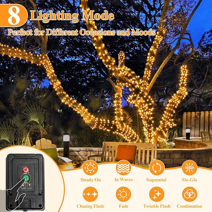 Solar String Lights 120LED 40FT, IP67 Waterproof Solar Lights for Outside with 8 Lighting Modes, Upgraded Solar Panel Fairy Lights for Garden Party Wedding Decorations (Warm White)-Ruum Studio Home