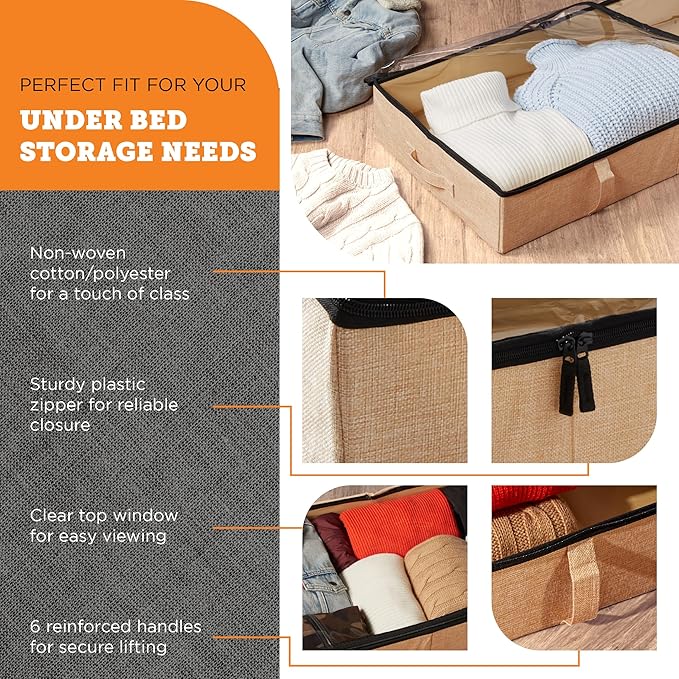storageLAB Under Bed Storage Containers, Closet Organizers with Sturdy Handles for Clothes, Comforters, and Accessories, Use Under or at the End of the Bed - 2 Pack, Reinforced, Beige-Ruum Studio Home