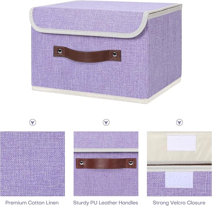 ANMINY 2PCS Storage Bins with Lid PU Leather Handles Storage Boxes PP Plastic Board Decorative Foldable Lidded Cotton Linen Fabric Home Cubes Baskets Closet Organizer Containers - Purple, Small Size-Ruum Studio Home