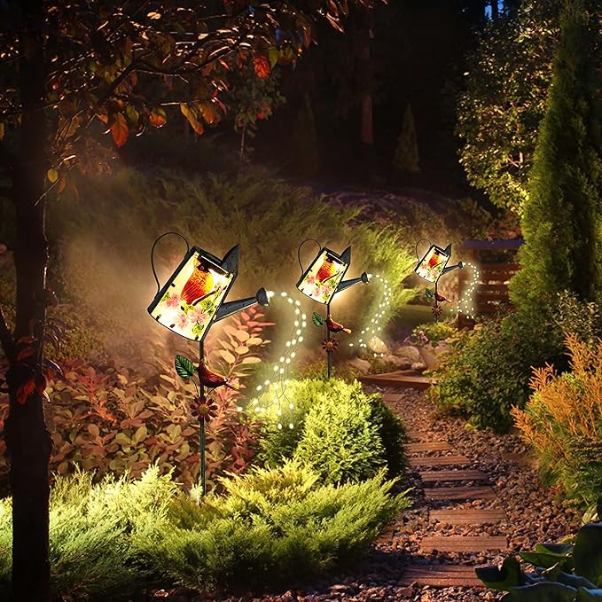Garden Solar Lights Outdoor, Metal Watering Can Garden Stake Lights Cardinal Bird Decor Glass Art for Walkway, Pathway, Yard, Lawn-Ruum Studio Home