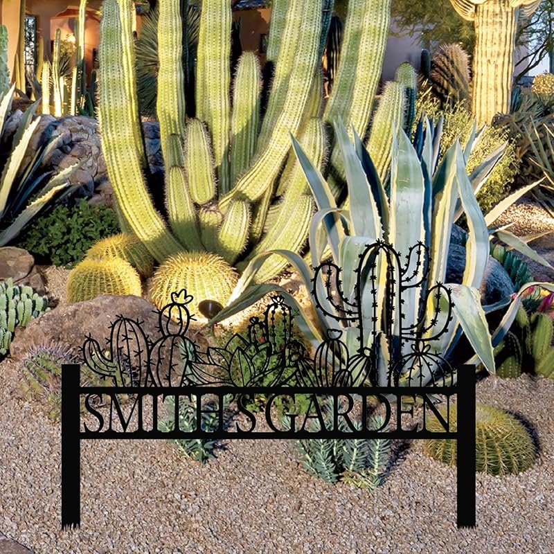 Personalized Cactus Metal Garden Sign, Large Garden Decoration Metal Sign with Stakes, Custom Gardener Family Name Sign, Cactus Decor for Outdoor, Patio Decorative, Yard Art, New Home Gift-Ruum Studio Home