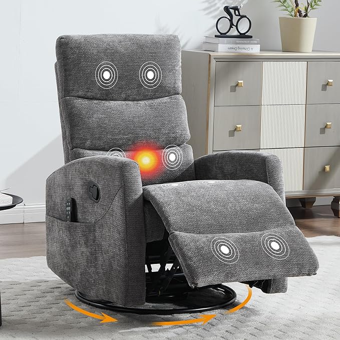 Manual Swivel Rocker Recliner Chair for Adults, Overstuffed Reclining Glider Chair for Nursing with Vibration Massage & Heat, Living Room Rocking Recliner 3-Stage backrest, Chenille Fabric Dark Gray-Ruum Studio Home
