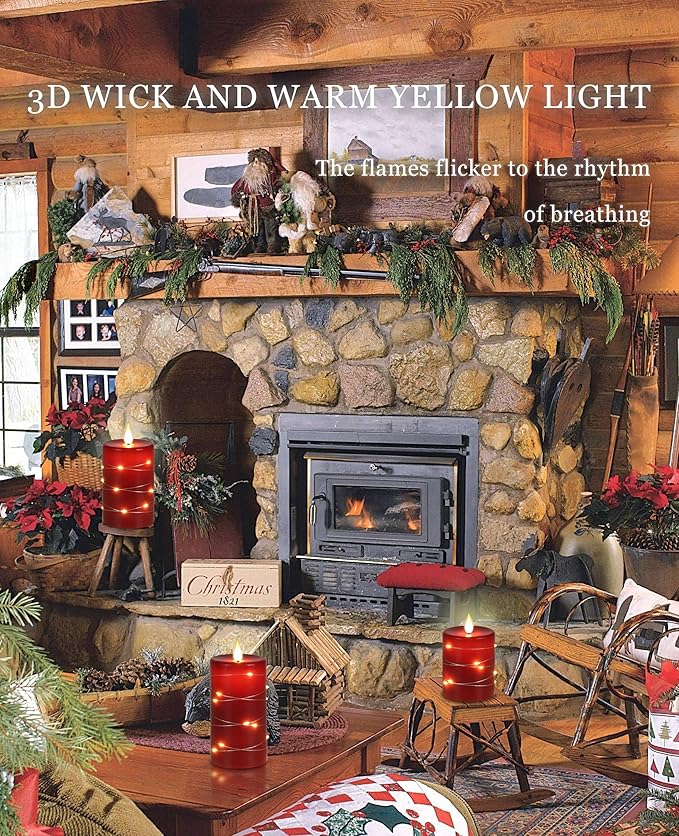 Red flameless Candles with Remote Control Timer Battery Operated LED Pillar Candles 4‘’ 5‘’ 6‘’ Fake Candles with String Lights Set of 3 for Christmas or Special Festivals Decorations-Ruum Studio Home