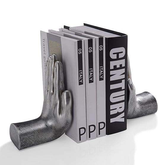 Danya B. Contemporary Accent Book Shelf Decor - Hands Sculpture Bookend Set of 2 (Silver)-Ruum Studio Home