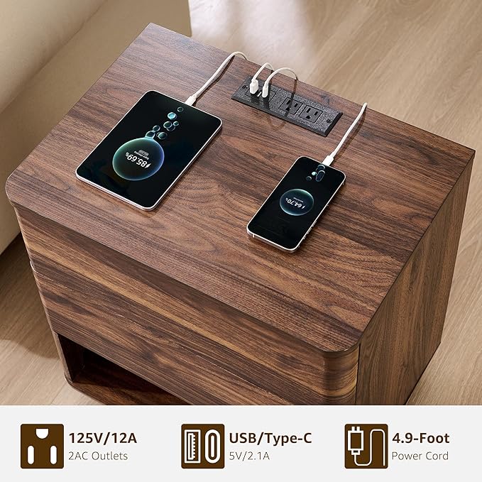 Nightstand with Charging Station, 22" Push-to-Open Bedside Table with 2 Storage Drawers, Large Modern End Table for Bedroom,Living Room,Brown-Ruum Studio Home