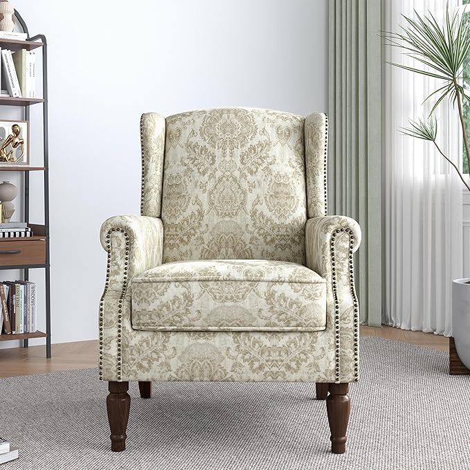 Lumibee Wingback Accent Chair,High Back Floral Armchairs in Fabric,Comfy Upholstered Reading Single Sofa Chair with Solid Wood Legs for Living Room,Bedroom,Office-White-Ruum Studio Home
