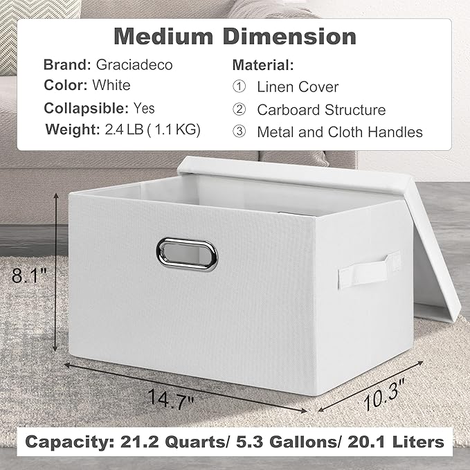 Medium 15" 21 Quart Collapsible Stackable Storage Bins with Lids, 3 Packs White Foldable Fabric Closet Boxes Heavy-duty Linen Cube Baskets Container for Bedroom Office (15 x 11 x 8)-Ruum Studio Home
