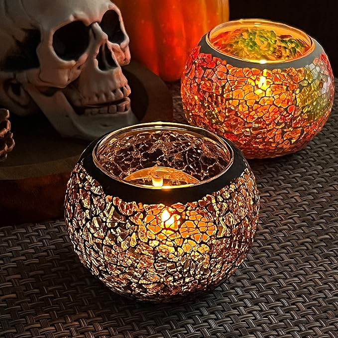 SHMILMH Mosaic Glass Candle Holder Set of 4, Votive Candle Holders Handmade Cracked Tealight Holders for Fall Christmas Diwali Home Decorations, Diwali Gift-Ruum Studio Home