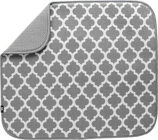 S&T INC. Dish Drying Mat, 16” x 18”, Absorbent Microfiber Kitchen Counter Mat, Dish Drying Pad for Dishes, Utensils, Pots and Pans, Large, White Trellis-Ruum Studio Home