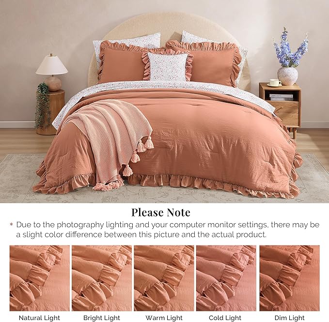 Queen Comforter Set - 7 Pieces Ruffle Autumn Leaf Bedding Sets, Shabby Chic Farmhouse Bed in a Bag Queen with Ruffle Comforter, Floral Sheets, Pillowcases & Shams-Ruum Studio Home