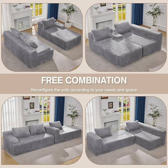 Hobestluk Modular Sectional Sofa Couches 108" L-Shape Couch 3 Seat Modular Sofa Memory Foam Sectional Couches for Living Room, Boneless Couch with Oversized Chaise (Light Grey, Right Facing)-Ruum Studio Home