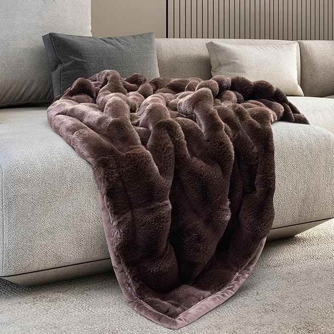 Mon Chateau Premium Reversible Luxury Faux Fur Throw for Couch, Sofa, or Bed - Plush Cozy Soft Blanket for Sleeping or Home Décor, 60" x 70" (Brown)-Ruum Studio Home