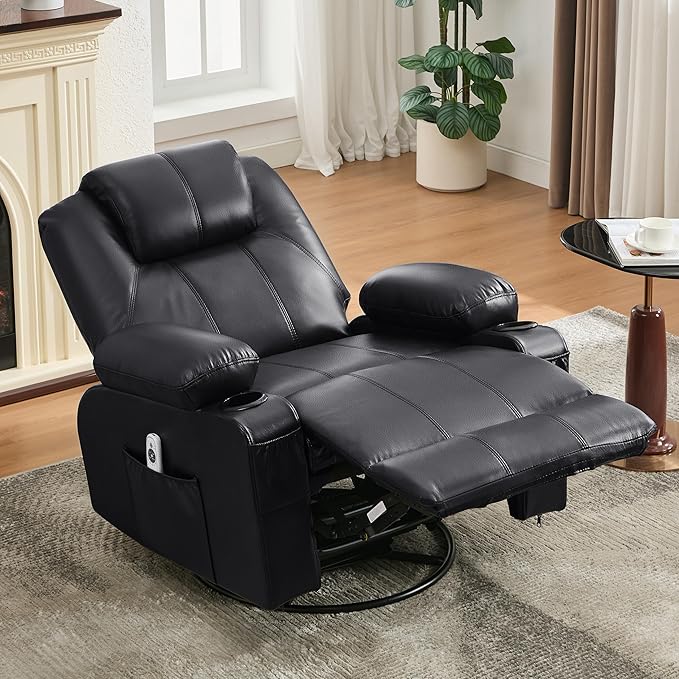 Swivel Rocker Recliner Chair with Heat and Massage, 360 Degree Swivel Rocking Single Sofa with Cup Holders and USB Port, Large Big Recliner Chair for Living Room (Leather, Black)-Ruum Studio Home