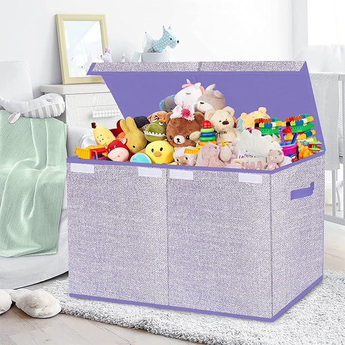 Toy Storage Bins,Large Toy Box Chest with Lids,Foldable Stuffed Animal Toy Organizers and Storage with Sturdy Handles for Kids,Girls,Boys,Nursery,Playroom 24.5"x13"x16" (Purple)-Ruum Studio Home