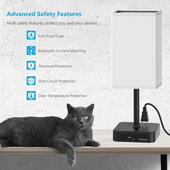 Bedside Table Lamp with Touch Control & USB C+A Charging Ports LED Desk Lamp with 2 AC Outlets, Minimalist Nightstand Light with Black Fabric Shade for Bedroom, Living Room, Office, White-Ruum Studio Home